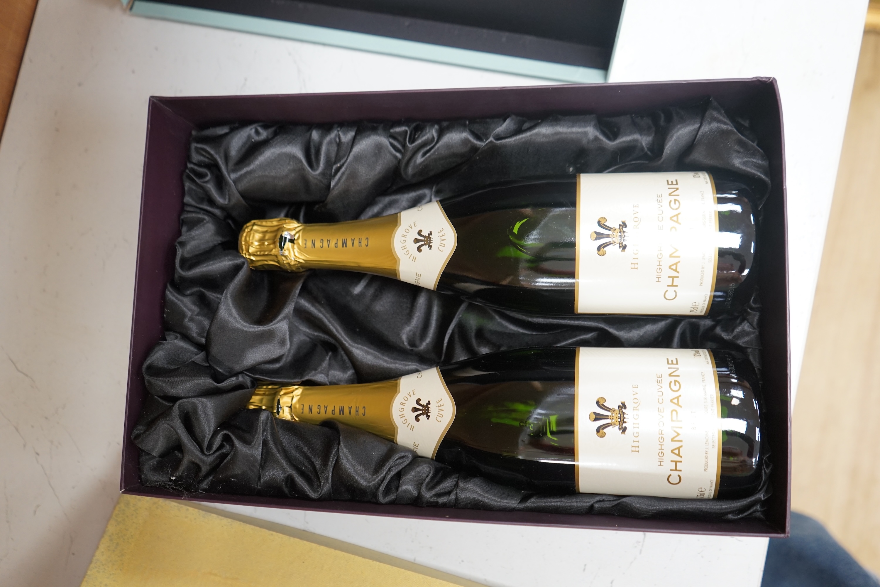 Two bottles of Highgrove champagne, boxed. Condition - good, storage history unknown